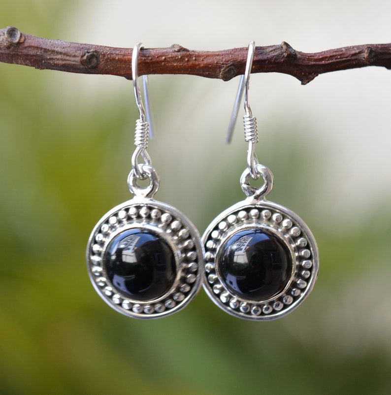 Boho Earring Black Onyx Earring Dainty Earring Round handmade Earring Statement Earring GNER 9 925 Sterling silver Jewelry
