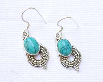 925 Sterling Silver Jewelry, Dainty Earring, Turquoise Silver Earring, Boho Earring, Gift For Her, Handmade Earring, Oval Shape, GNER 48