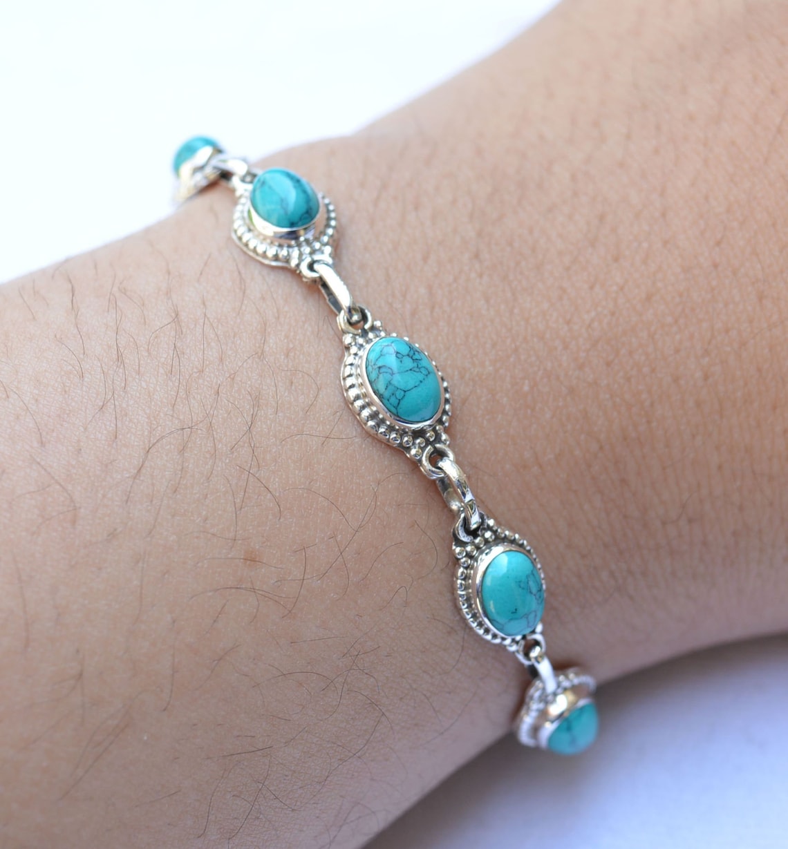 Turquoise Stone Adjustable Bracelet 925 Sterling Silver Etsy