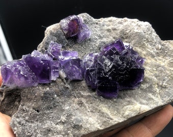 490g Natural High quality Cube purple fluorite white crystal feldspar specimens #Q576