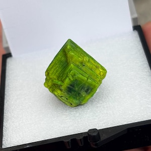 Puede incluir: Un vibrante cristal verde lima con forma de cubo, exhibido en una caja negra y blanca. La superficie del cristal tiene textura visible y variaciones de color, con áreas verdes más oscuras. La apariencia general sugiere un espécimen mineral natural.