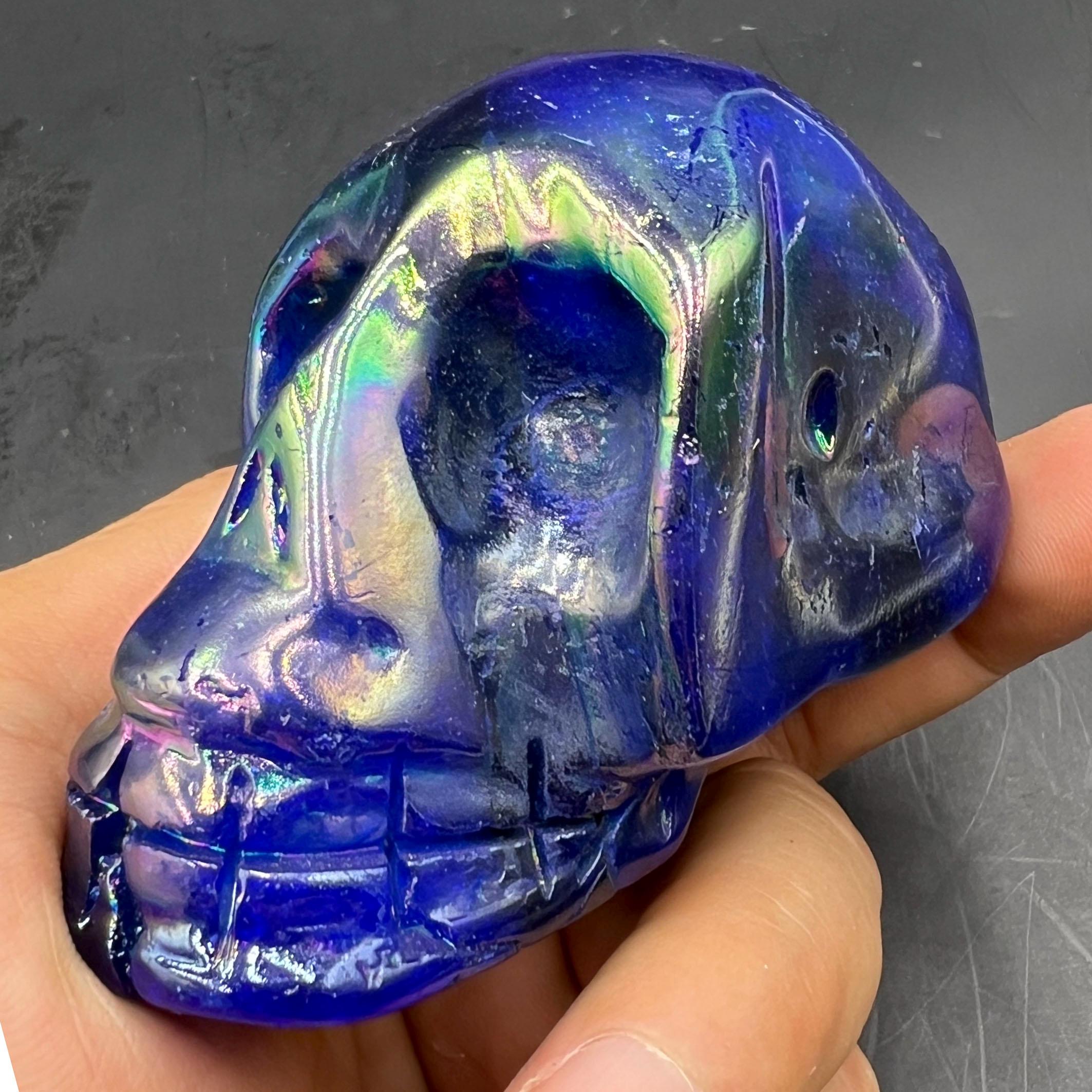 Skull/hand-carved/blue Angel Aura Quartz Titanium Plated Crystal