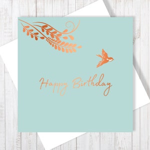Karte Alles Gute Zum Geburtstag Kleiner Vogel Mit Eleganter Kupferfolie, Innenseite blanko