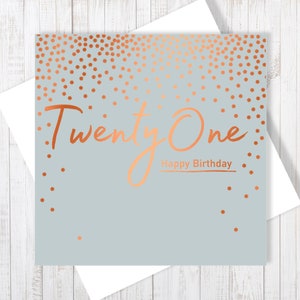 Tarjeta de feliz cumpleaños número 21 con elegante estampado de cobre