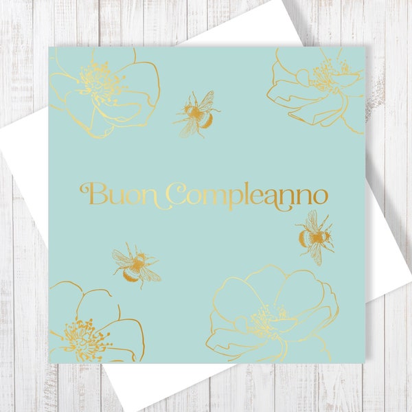 Bon Compleanno | Carte italienne de joyeux anniversaire d’abeille avec feuille d’or