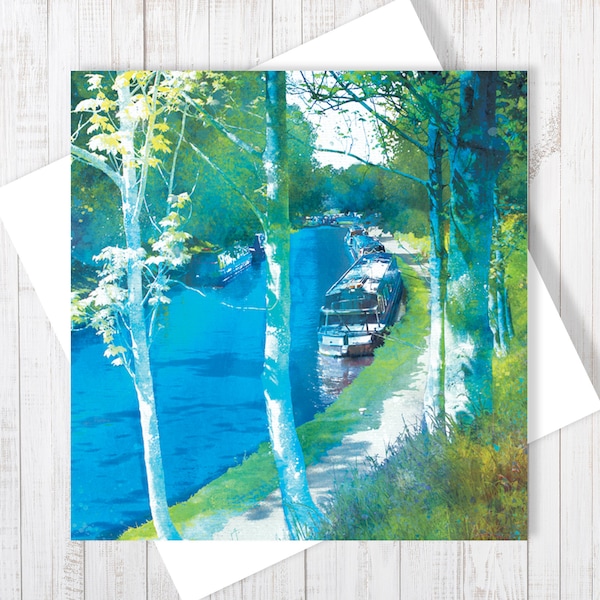 Canal Towpath Watercolour Card, Landscape Art Greeting Card, Countryside Canal Scene, Blank Illustrated Card UK