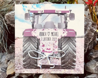 Wood picture, wedding gift, tractor money gift, car personalized with the data of the bridal couple. cans, money picture just married motorcycle