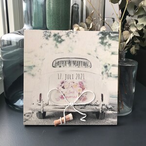 Holzbild, Hochzeitsgeschenk, Geldgeschenk, Traktor, Auto personalisiert mit den Daten des Brautpaares. Dosen, Geld just married Motorrad