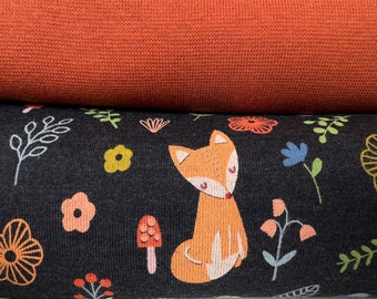 Jersey fabric package "Fox" / sold by the meter with fox, deer and rabbit between flowers and mushrooms in dark grey mottled, with cuffs on request