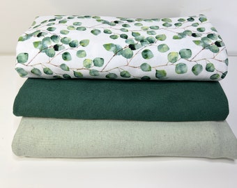 Tissu jersey « Eucalyptus » avec feuilles et branches dans les couleurs vert et blanc, qualité premium