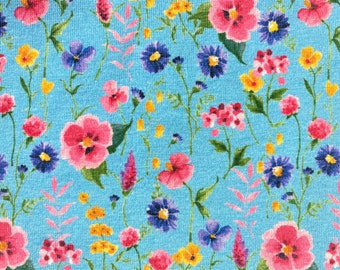 Tissu jersey / paquet de tissus GOTS "Flower Field" de Poppy-Design avec des fleurs aquarelles sur BLEU