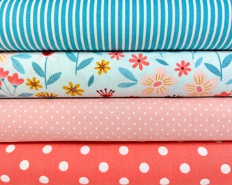 Fabric package "Tinny" / sold by the meter Cotton fabrics for many sewing projects with flower meadows in turquoise, pink and coral