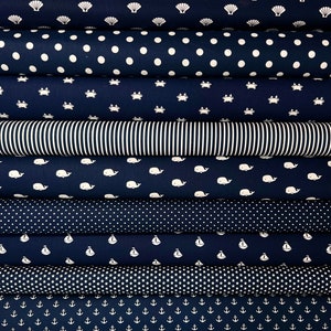 Fabric package "Ahoy" and cotton fabrics sold by the meter, maritime with sailing boat/boat, whale, cancer, stripes, dots and stars in dark blue