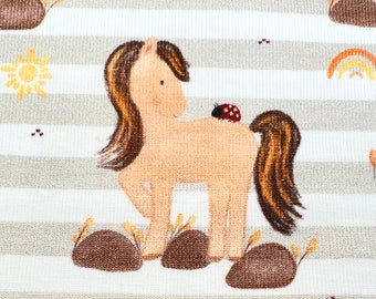 Jersey for children with pony horse rainbow ladybird and small butterflies on stripes in white gray natural
