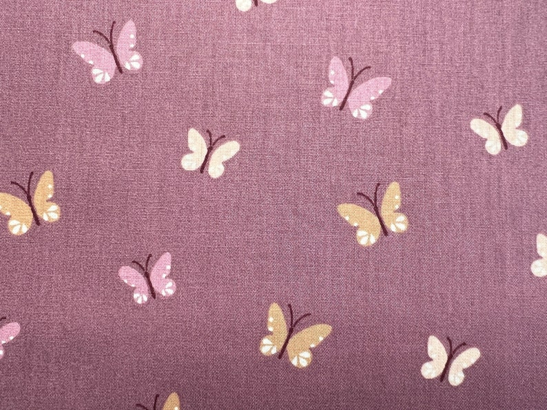 Cotton fabric with butterflies poplin in mint, blue, pink and mauve / red / burgundy MAUVE