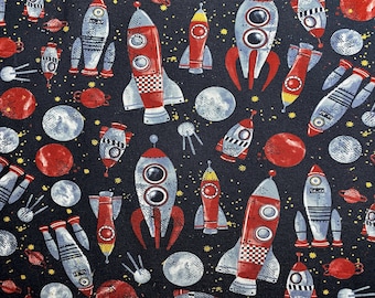 Jerseystoff French Terry Rest 49 cm  für Kinder Weltall mit Raketen Astronaut Raumschiff von Poppy-Design in schwarz / rot