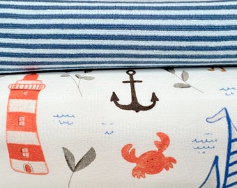 Jersey French Terry "Océan" / paquet tissu maritime pour enfant avec baleine/orque, phare, ancre, bateau et crabe, avec poignets sur demande