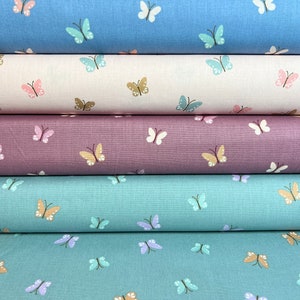 Cotton fabric with butterflies poplin in mint, blue, pink and mauve / red / burgundy image 7