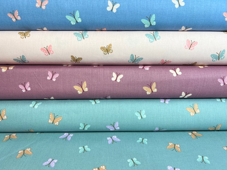 Cotton fabric with butterflies poplin in mint, blue, pink and mauve / red / burgundy image 7