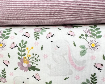 Tissu jersey "Hoppel" / paquet de tissus pour enfants avec des lapins, des fleurs et des papillons blanc et rose / mauve, avec poignets sur demande