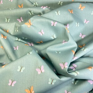 Cotton fabric with butterflies poplin in mint, blue, pink and mauve / red / burgundy image 6