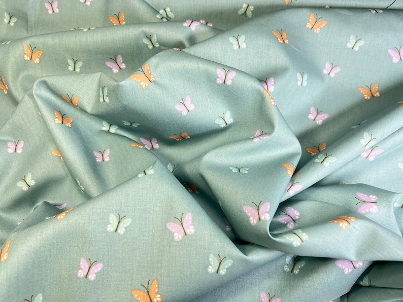 Cotton fabric with butterflies poplin in mint, blue, pink and mauve / red / burgundy image 6