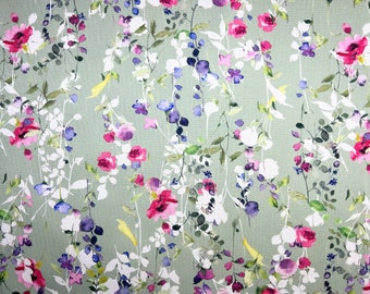 Toile avec vrilles de fleurs en menthe / vert clair, tissu en toile, tissu en coton massif, tissu de sac