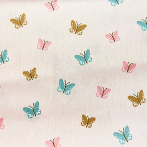 Cotton fabric with butterflies poplin in mint, blue, pink and mauve / red / burgundy ROSA