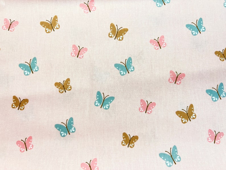 Cotton fabric with butterflies poplin in mint, blue, pink and mauve / red / burgundy ROSA