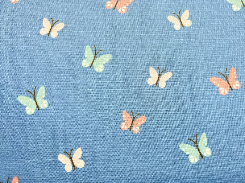 Cotton fabric with butterflies poplin in mint, blue, pink and mauve / red / burgundy BLAU