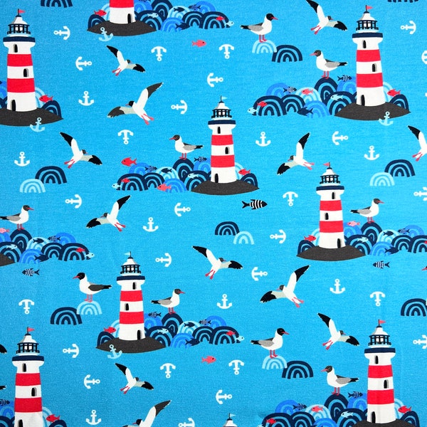 Stoff Jersey "Pellworm" mit Leuchtturm, Möwen und Schwalben von Lila Lotta in hellblau
