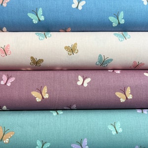 Cotton fabric with butterflies poplin in mint, blue, pink and mauve / red / burgundy image 1