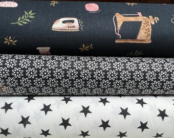 Fabric package "Aurelia" / cotton fabric with sewing machines, needle, thread and knitting in black