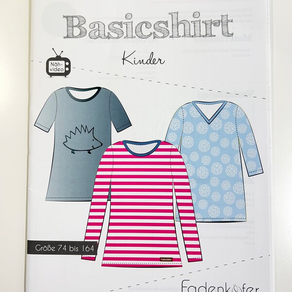 Schnittmuster Fadenkäfer Basicshirt für Kinder Gr. 74-164 / Nähanleitung und Papierschnittmuster Shirt einschl. Videoanleitung