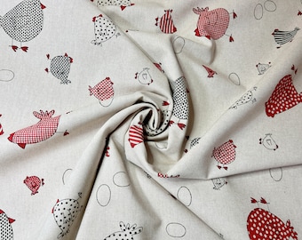 Tissu de jute "Hanna" tissu décoratif aspect lin en coton / toile avec poules, coq et poussins