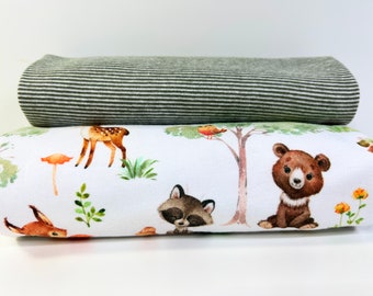 Tissu jersey French Terry « Forrest » / paquet de tissus pour enfants avec ours, raton laveur, cerf, oiseau, hibou, animaux de la forêt, avec poignets sur demande
