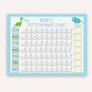 May include: A blue and green printable potty training chart with a dinosaur theme. The chart has a space for each day of the week and a section for rewards earned. The chart features a green dinosaur with the word "Roar" and a blue dinosaur.