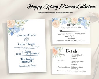 Elegant peach and blue floral wedding invitation - Happy Spring Collection