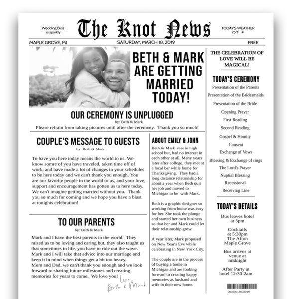 Unique Newspaper Wedding Program | The Knot News