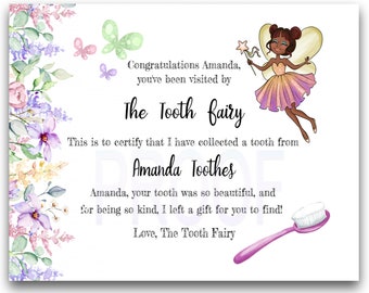 Tooth Fairy Certificate Digital Template for girls | multiple skin tones | very sweet