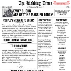 Peut inclure: Annonce de mariage "The Wedding Times" avec le titre "Emily & John se marient aujourd'hui !" Contient des détails sur le couple, la cérémonie, le cortège nuptial et les informations sur la réception.