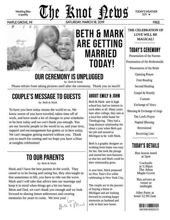 Unique Newspaper Wedding Program The Knot News Etsy