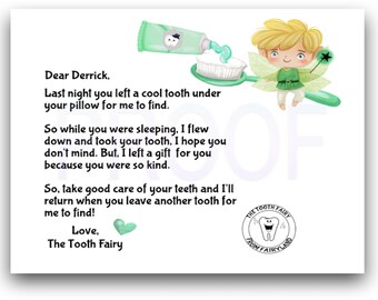 Tooth Fairy Note with Boy Tooth Fairy |  Digital Template | DIY