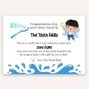 Nota del Hada de los Dientes con Hada de los Dientes de Niño / salpicadura de agua / cepillo de dientes / pasta de dientes / Plantilla Digital / BRICOLAJE / niños
