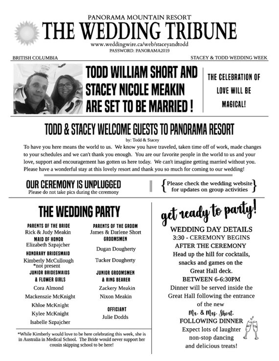 Large 4 Page Unique Newspaper Wedding Program Includes A Etsy