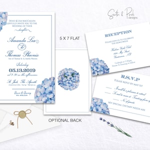May include: Wedding invitation with blue hydrangea floral design. The invitation is for Amanda Lea and Thomas Pheonix, with the date of the wedding being May 13, 2019. The reception details are on a separate card, with the location being the Harbor Yacht Club. The RSVP card includes a request to reply by May 1st.