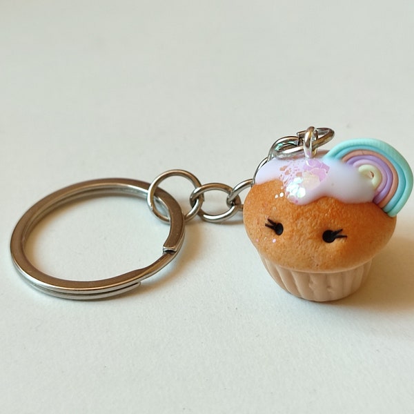Porte-clés avec pendentif cupcake arc-en-ciel - muffin tendre - porte-clés chaine fimo kawaii - patisseries gâteaux paillettes