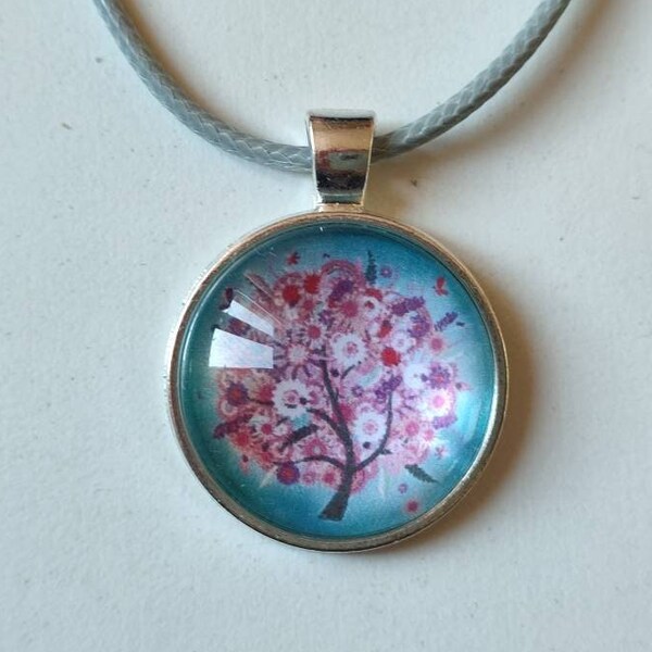Spring Tree Cabochon Charm - Spring Tree of Life, White Lilac Pink Flowers - Round Circle Silver Locket Charm
