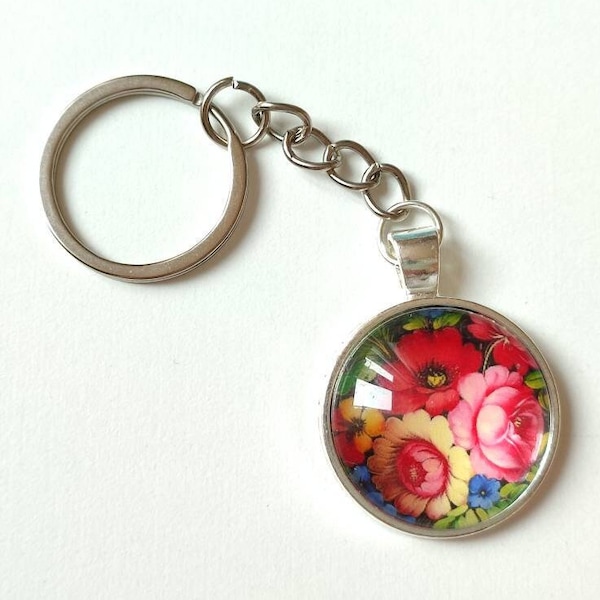 Volkskunst bloem cabochon sleutelhanger, dahlia zonnebloem klaproos - sleutelhanger ketting - natuurliefhebber cadeau, bloemen en bladeren