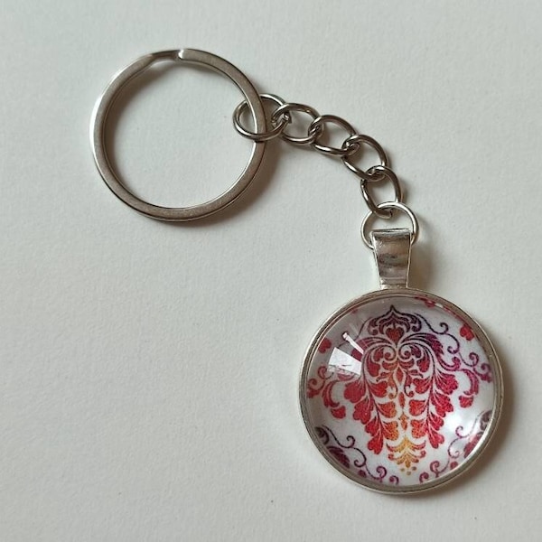 Pink and white Greek painted ceramic cabochon key ring - unisex key chain gift